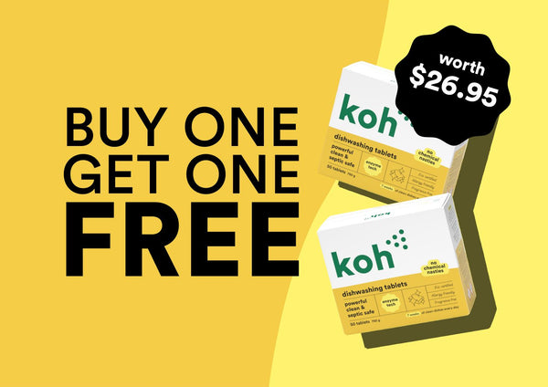 Promotional graphic for Koh's dishwashing tablets showing two product boxes on a yellow background with large text reading 'BUY ONE GET ONE FREE' and a black badge stating 'worth $26.95'.